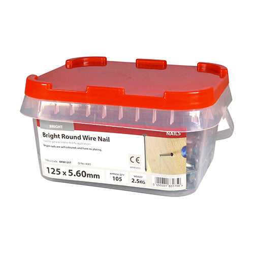 This is an image of Timco - Round Wire Nails - Bright 125 x 5.60mm (2.5 Kg TIMtub) BRW125T