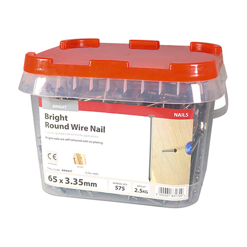 This is an image of Timco - Round Wire Nails - Bright 65 x 3.35mm (2.5 Kg TIMtub) BRW65T