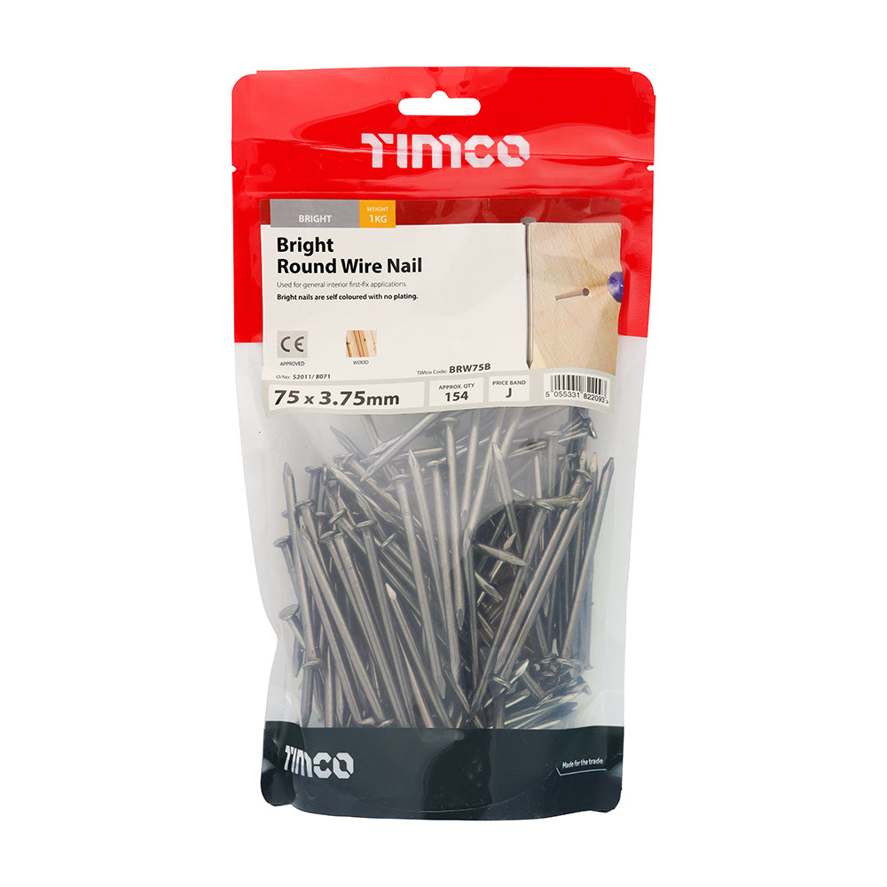 This is an image of Timco - Round Wire Nails - Bright 75 x 3.75mm (1 Kg TIMbag) BRW75B
