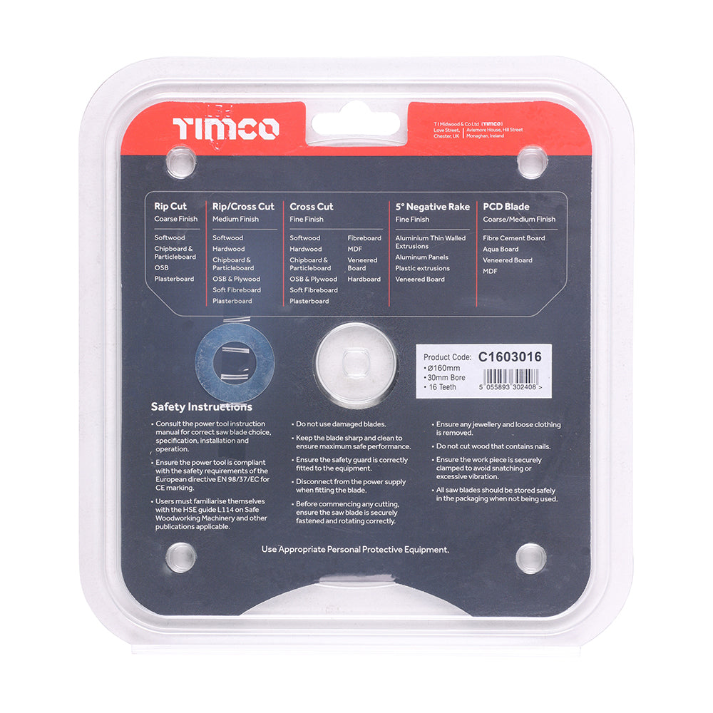 This is an image of Timco - Circular Saw Blade - General Purpose - Coarse/Medium 160 x 30 x 16T (1 Each Clamshell) C1603016