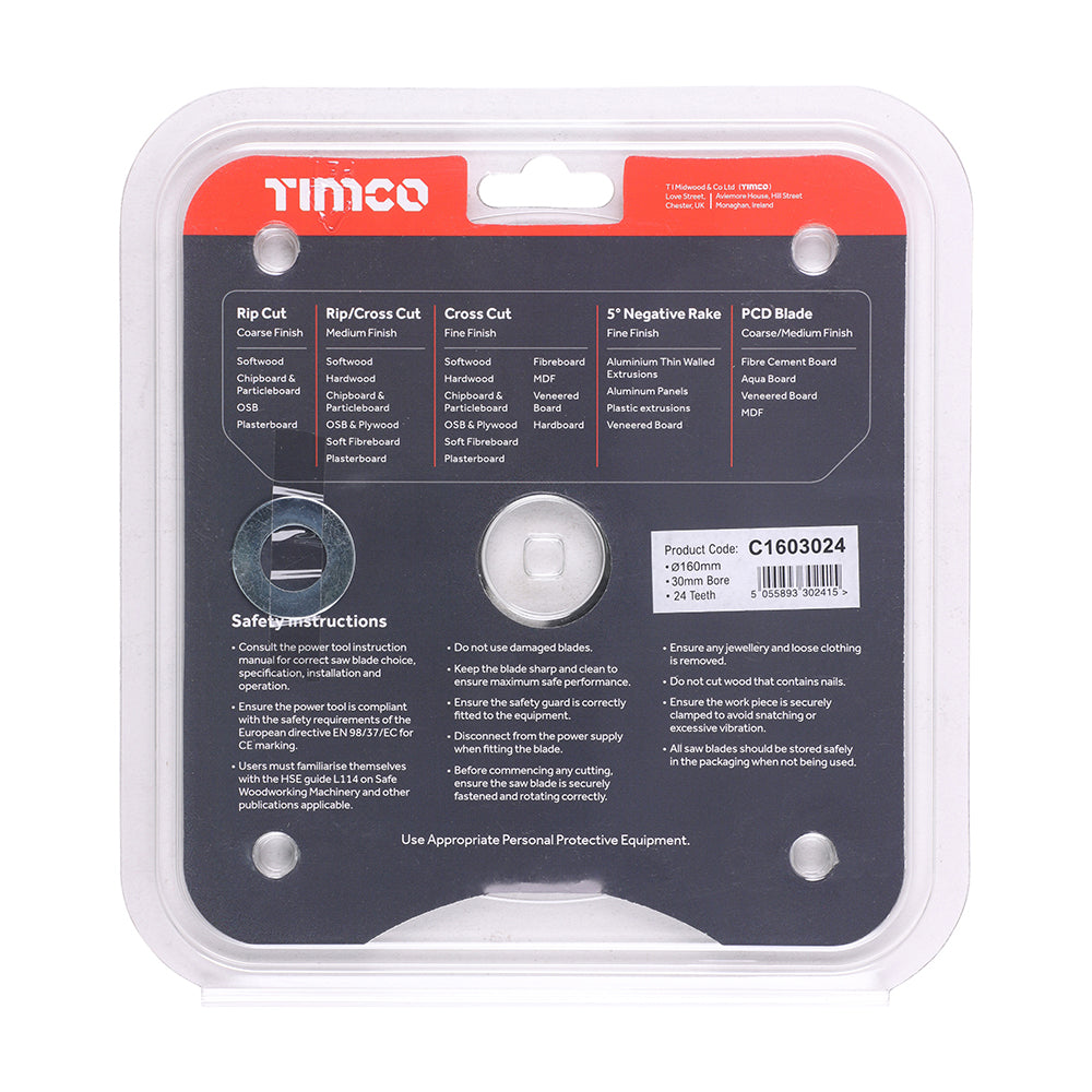 This is an image of Timco - Circular Saw Blade - Combination - Medium 160 x 30 x 24T (1 Each Clamshell) C1603024