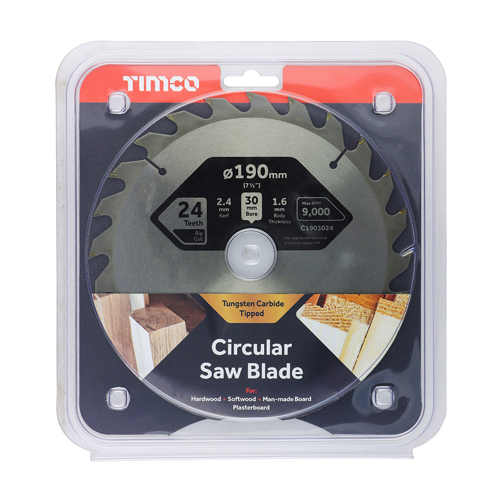 This is an image of Timco - Circular Saw Blade - General Purpose - Coarse/Medium 190 x 30 x 24T (1 Each Clamshell) C1903024