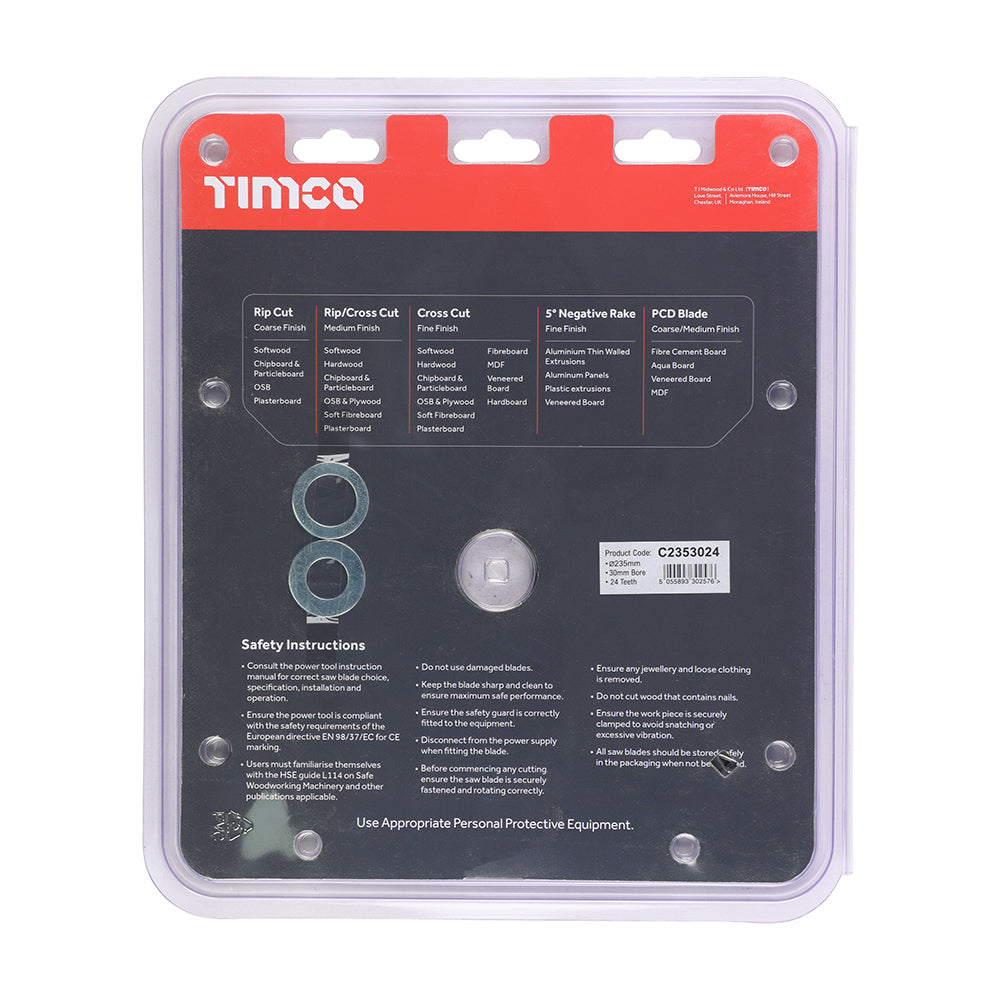 This is an image of Timco - Circular Saw Blade - General Purpose - Coarse/Medium 235 x 30 x 24T (1 Each Clamshell) C2353024