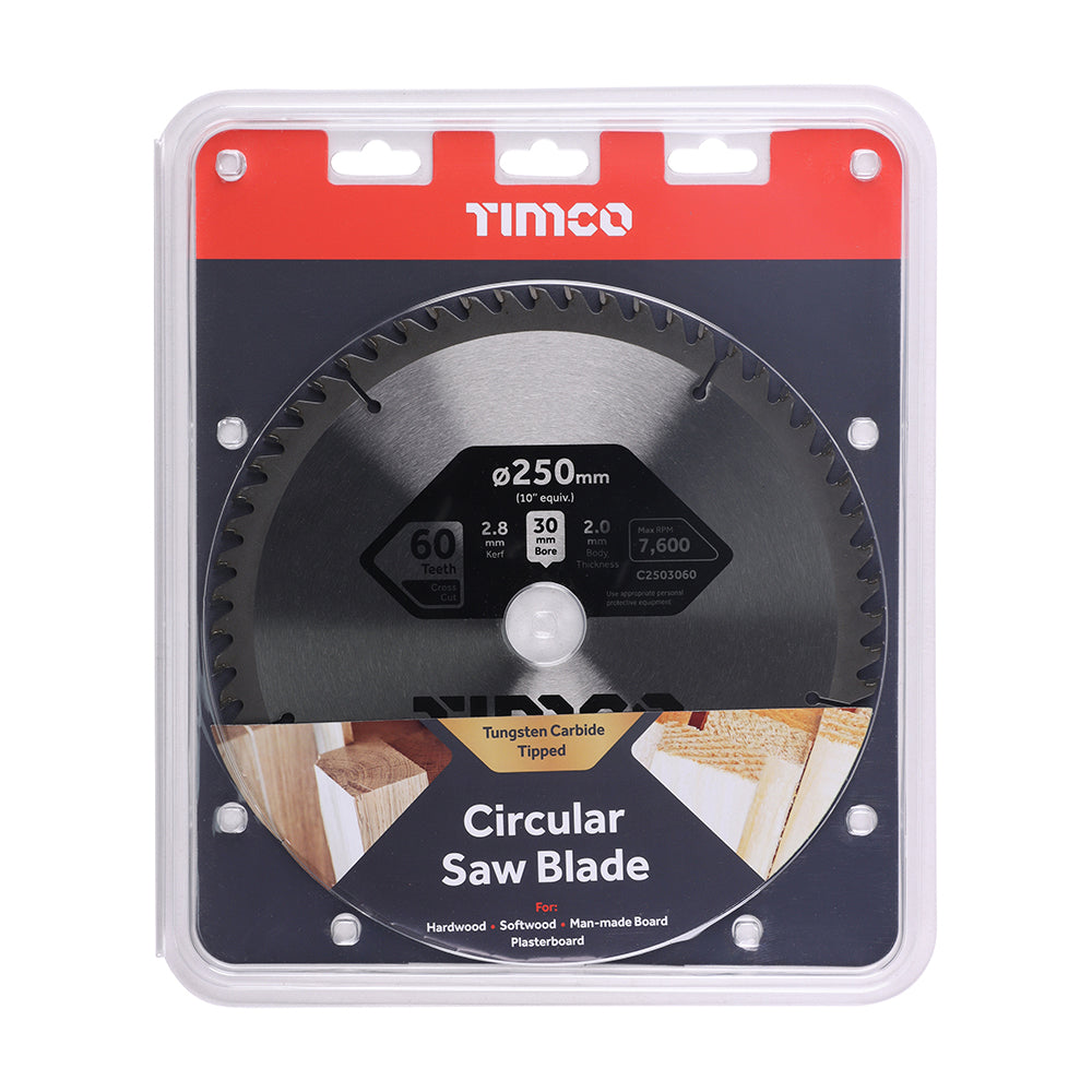 This is an image of Timco - Circular Saw Blade - Trimming/Crosscut - Medium/Fine 250 x 30 x 60T (1 Each Clamshell) C2503060