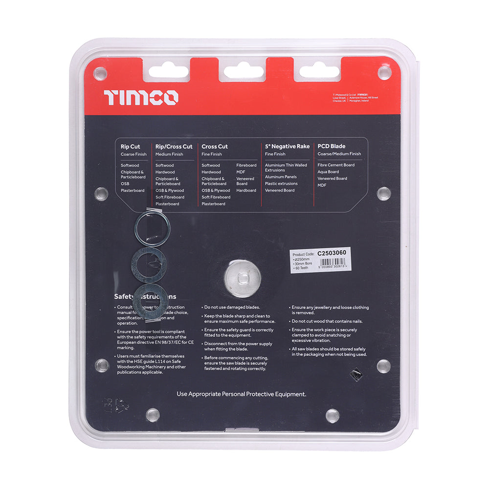 This is an image of Timco - Circular Saw Blade - Trimming/Crosscut - Medium/Fine 250 x 30 x 60T (1 Each Clamshell) C2503060