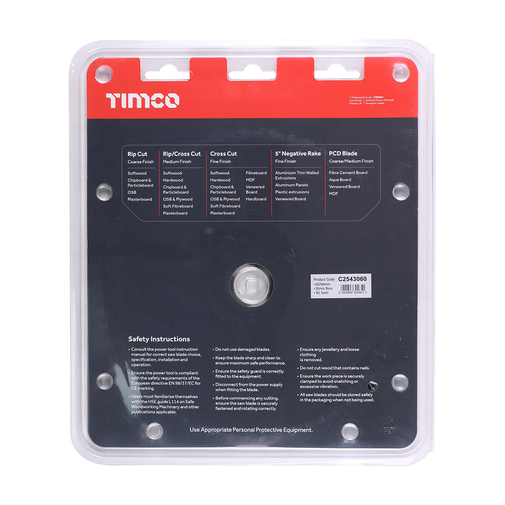 This is an image of Timco - Circular Saw Blade - Trimming/Crosscut - Medium/Fine 254 x 30 x 60T (1 Each Clamshell) C2543060