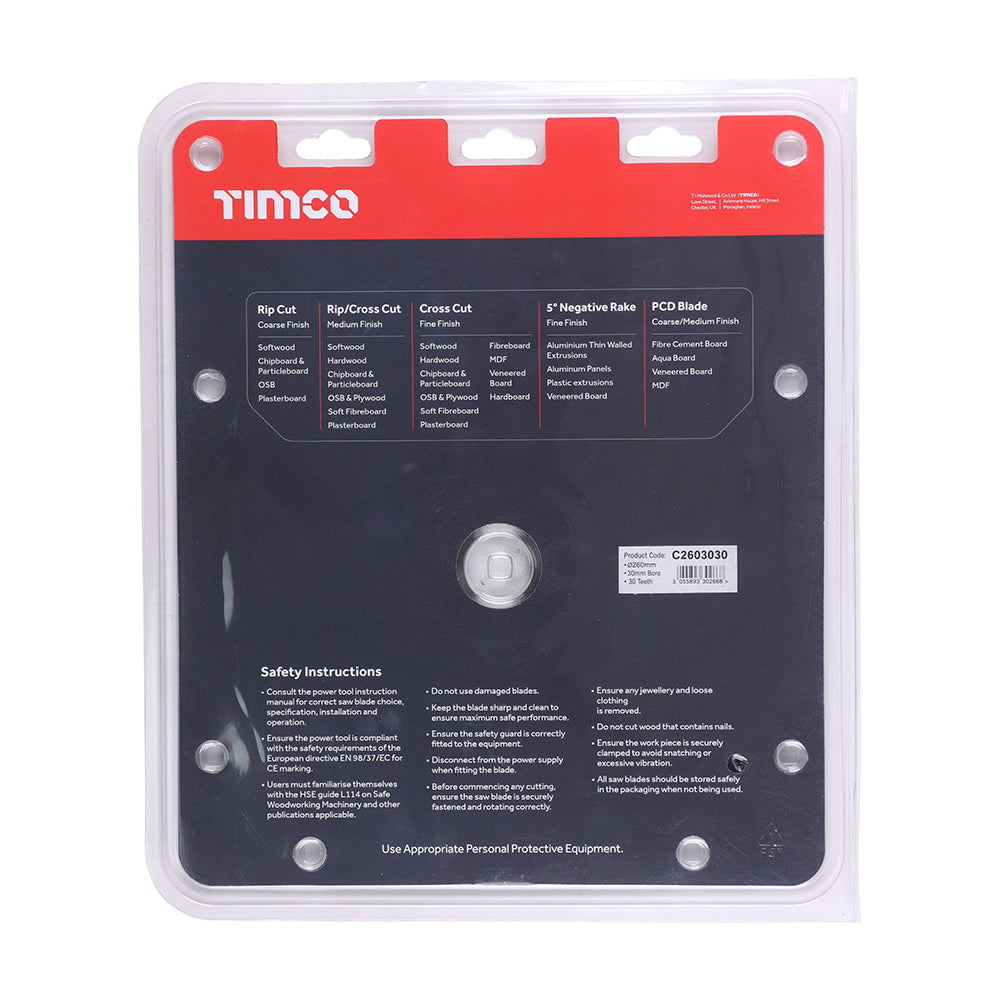 This is an image of Timco - Circular Saw Blade - General Purpose - Coarse/Medium 260 x 30 x 30T (1 Each Clamshell) C2603030