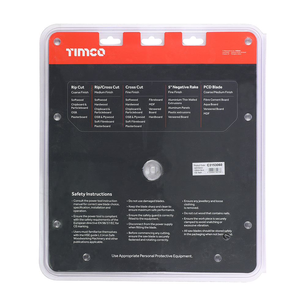 This is an image of Timco - Circular Saw Blade - Trimming/Crosscut - Medium/Fine 315 x 30 x 60T (1 Each Clamshell) C3153060