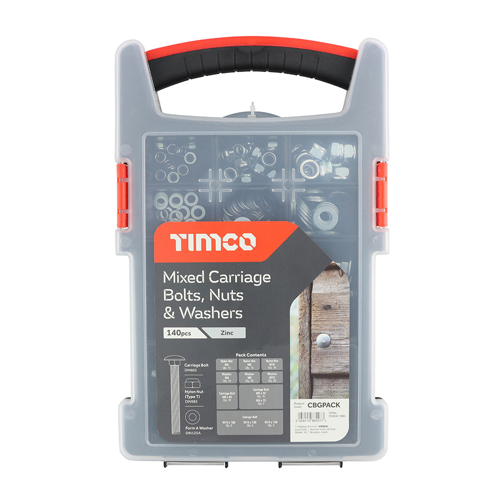 This is an image of Timco - Mixed Carriage Bolts, Nuts and Washers Grab Pack ÃÆ€™Ãƒ€ ‚¬„¢¢ÃƒÆ’Æ€™Ãƒ€š¢ÃƒÆ’¢Ãƒ¢‚¬Å¡¬Ãƒ€¦¡¬ÃƒÆ’Æ€™Ãƒ€š¢ÃƒÆ’¢Ãƒ¢€š¬Ã…¡Ãƒ€š¬ÃƒÆ’‚¬¦Ãƒ¢€š¬Ã…€œ Zinc - (140 PCS Tray) CBGPACK