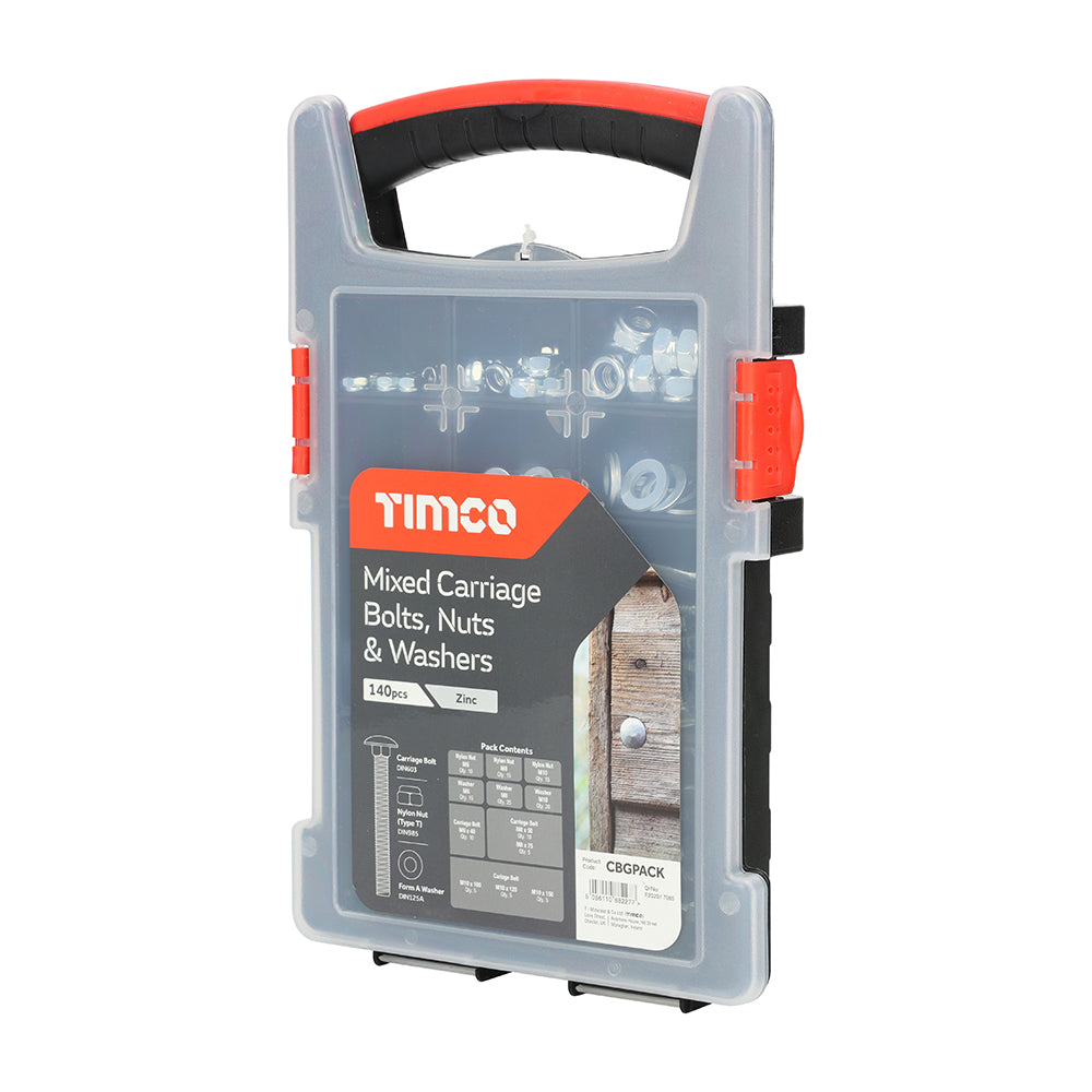 This is an image of Timco - Mixed Carriage Bolts, Nuts and Washers Grab Pack ÃÆ€™Ãƒ€ ‚¬„¢¢ÃƒÆ’Æ€™Ãƒ€š¢ÃƒÆ’¢Ãƒ¢‚¬Å¡¬Ãƒ€¦¡¬ÃƒÆ’Æ€™Ãƒ€š¢ÃƒÆ’¢Ãƒ¢€š¬Ã…¡Ãƒ€š¬ÃƒÆ’‚¬¦Ãƒ¢€š¬Ã…€œ Zinc - (140 PCS Tray) CBGPACK