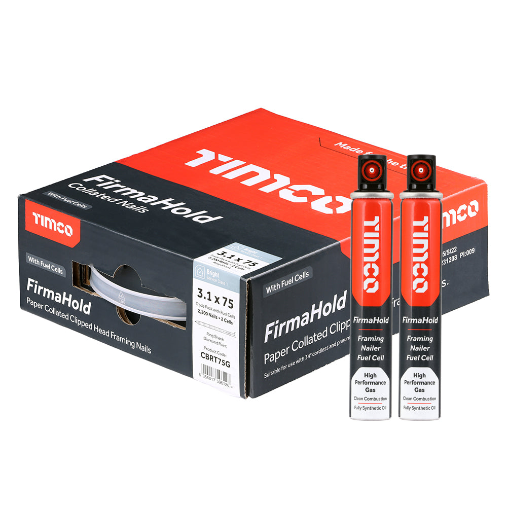 This is an image of Timco - FirmaHold Collated Clipped Head Nails & Fuel Cells - Trade Pack - Ring Shank - Bright 3.1 x 75mm/2CFC (2200 PCS Box) CBRT75G