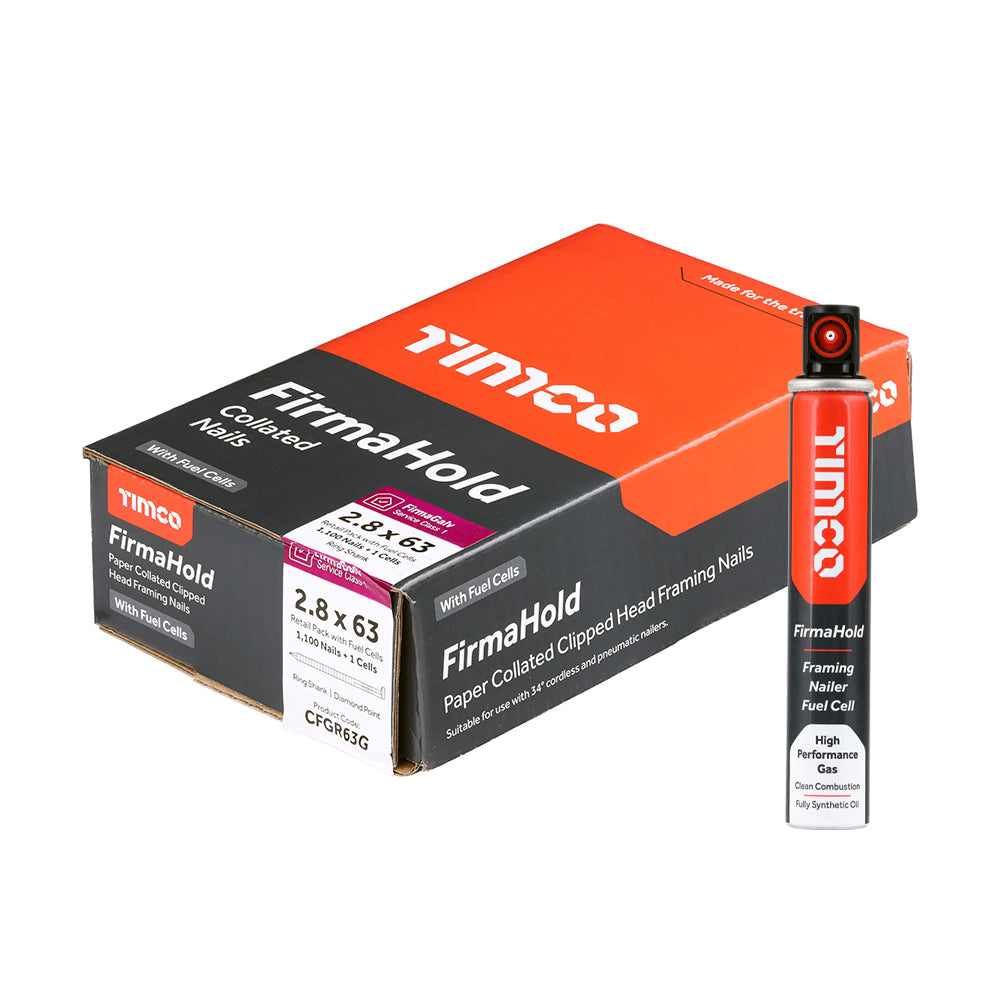 This is an image of Timco - FirmaHold Collated Clipped Head Nails & Fuel Cells - Retail Pack - Ring Shank - FirmaGalv 2.8 x 63mm/1CFC (1100 PCS Box) CFGR63G