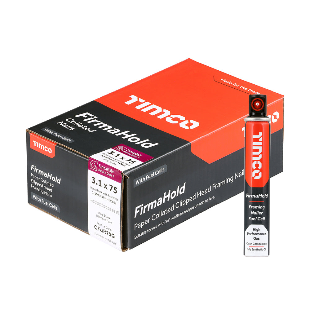 This is an image of Timco - FirmaHold Collated Clipped Head Nails & Fuel Cells - Retail Pack - Ring Shank - FirmaGalv 3.1 x 75mm/1CFC (1100 PCS Box) CFGR75G