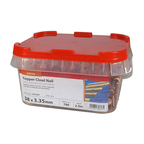 This is an image of Timco - Clout Nails - Copper 38 x 3.35mm (2.5 Kg TIMtub) COP338T