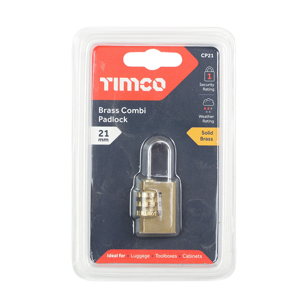 This is an image of Timco - Brass Combi Padlock 21mm (1 Each Blister Pack) CP21