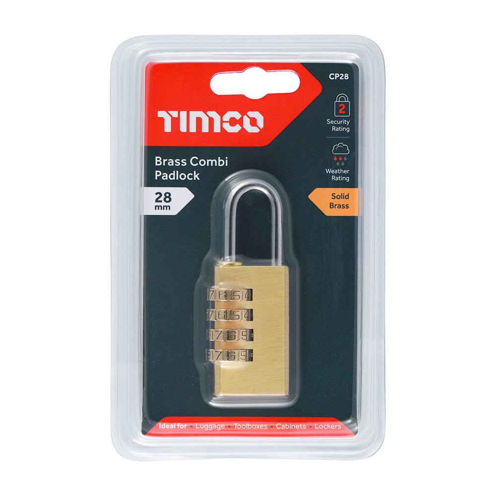 This is an image of Timco - Brass Combi Padlock 28mm (1 Each Backing Card) CP28
