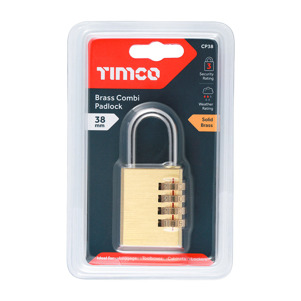 This is an image of Timco - Brass Combi Padlock 38mm (1 Each Blister Pack) CP38