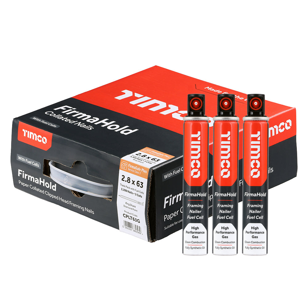 This is an image of Timco - FirmaHold Collated Clipped Head Nails & Fuel Cells - Trade Pack - Ring Shank - FirmaGalv + 2.8 x 63mm/3CFC (3300 PCS Box) CPLT63G