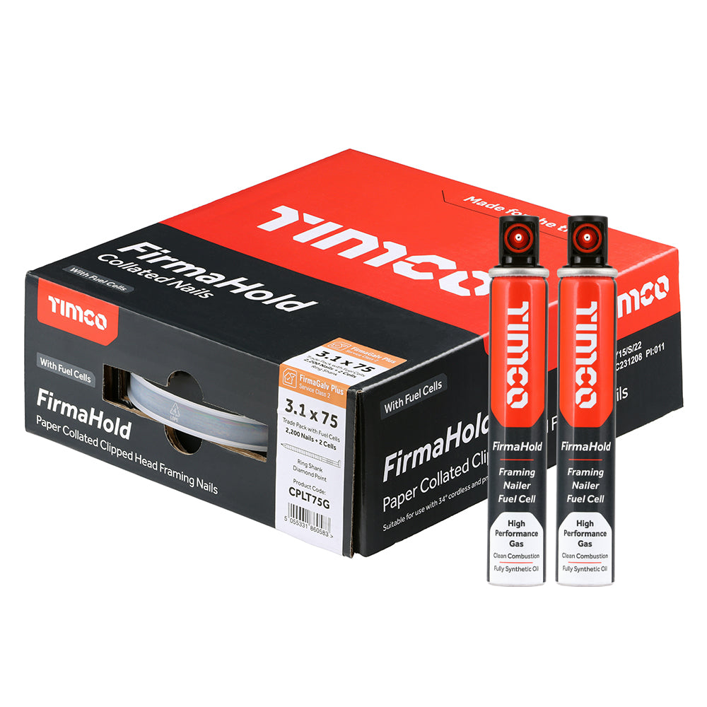 This is an image of Timco - FirmaHold Collated Clipped Head Nails & Fuel Cells - Trade Pack - Ring Shank - FirmaGalv + 3.1 x 75mm/2CFC (2200 PCS Box) CPLT75G