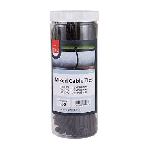 This is an image of Timco - Cable Ties - Mixed - Black Mixed 500pcs - (500 PCS Tube) CTMIX500