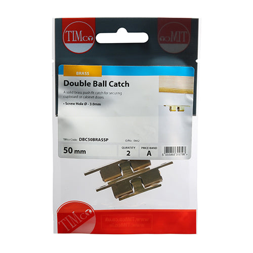 This is an image of Timco - Double Ball Catches - Electro Brass 50mm - (2 PCS TIMpac) DBC50BRASSP