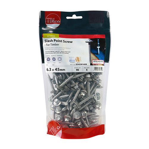 This is an image of Timco - Metal Construction Thin Sheet Metal to Timber Screws - Hex - EPDM Washer - Slash Point - Exterior - Silver Organic 6.3 x 45mm - (90 PCS TIMbag) DS45W16BB