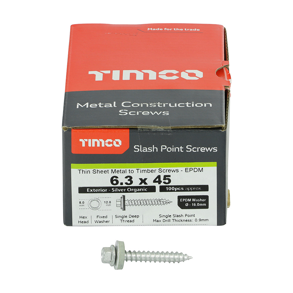 This is an image of Timco - Metal Construction Thin Sheet Metal to Timber Screws - Hex - EPDM Washer - Slash Point - Exterior - Silver Organic 6.3 x 45mm - (100 PCS Box) DS45W16B