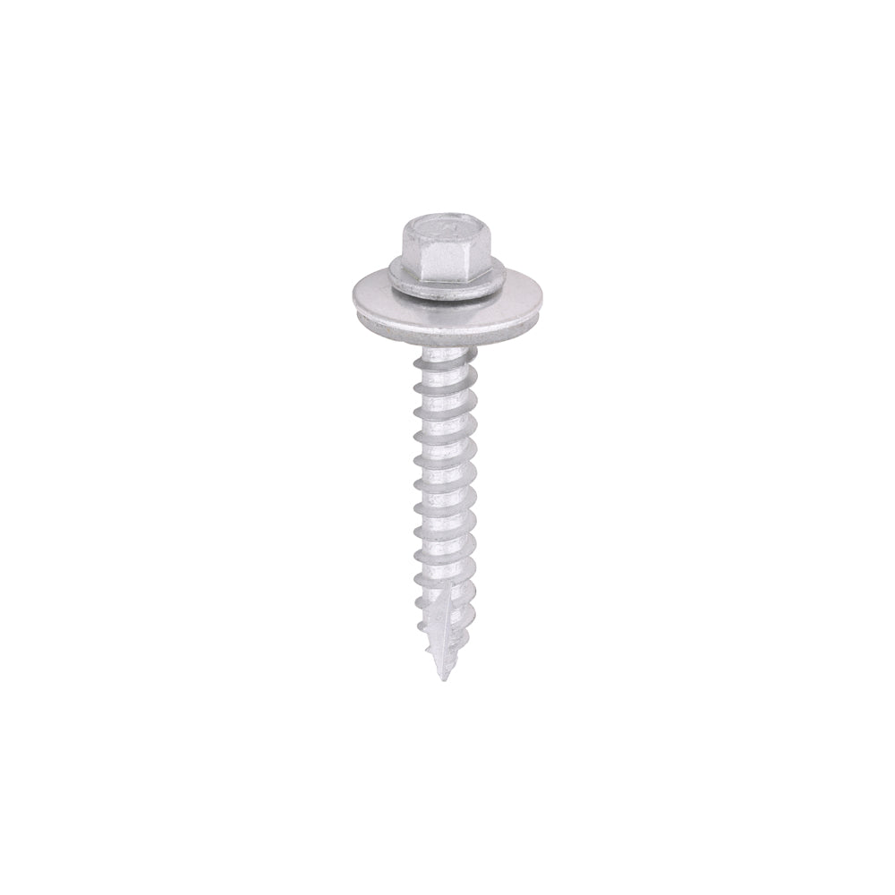 This is an image of Timco - Metal Construction Thin Sheet Metal to Timber Screws - Hex - EPDM Washer - Slash Point - Exterior - Silver Organic 6.3 x 45mm - (100 PCS Box) DS45W19B