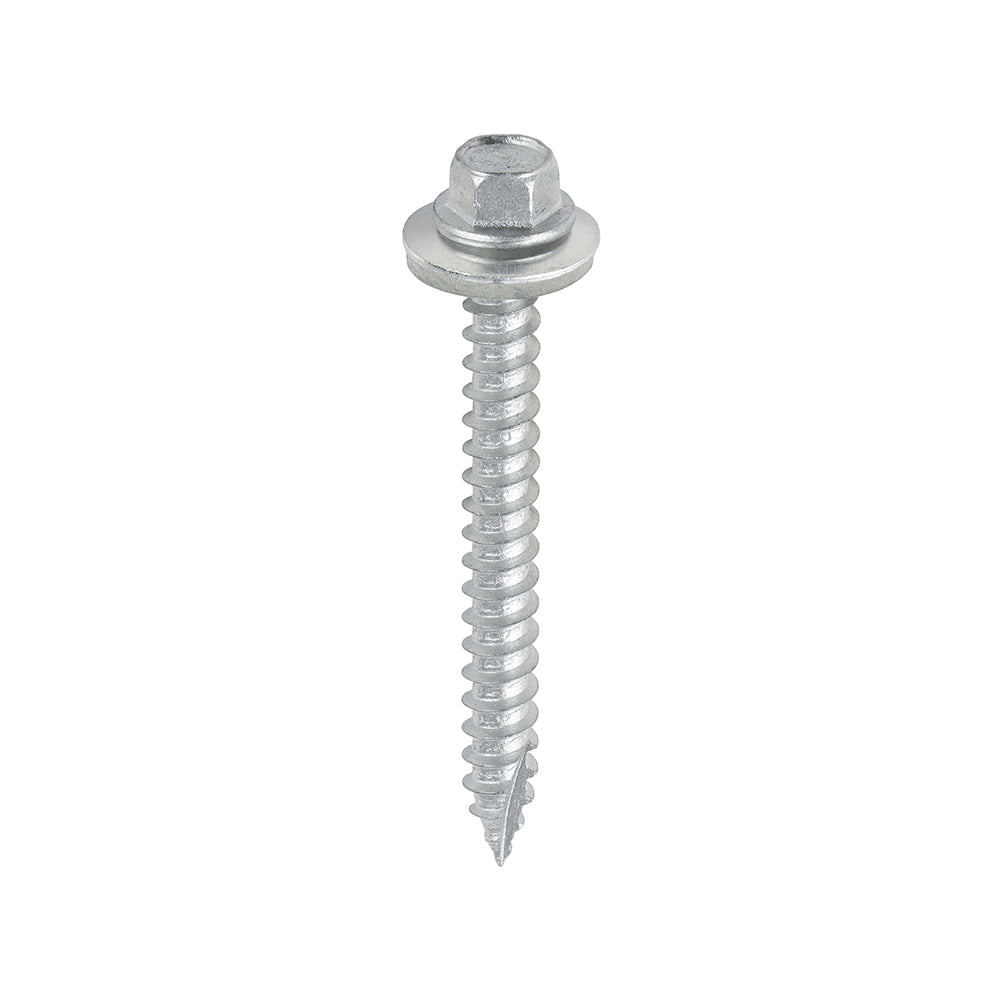 This is an image of Timco - Metal Construction Thin Sheet Metal to Timber Screws - Hex - EPDM Washer - Slash Point - Exterior - Silver Organic 6.3 x 60mm - (100 PCS Box) DS60W16B