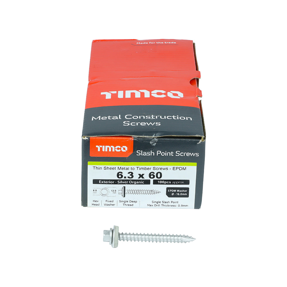 This is an image of Timco - Metal Construction Thin Sheet Metal to Timber Screws - Hex - EPDM Washer - Slash Point - Exterior - Silver Organic 6.3 x 60mm - (100 PCS Box) DS60W16B