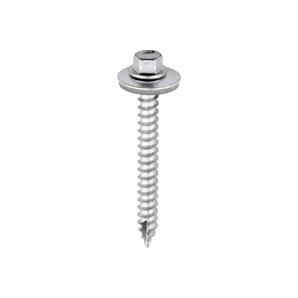 This is an image of Timco - Metal Construction Thin Sheet Metal to Timber Screws - Hex - EPDM Washer - Slash Point - Exterior - Silver Organic 6.3 x 60mm - (100 PCS Box) DS60W19B
