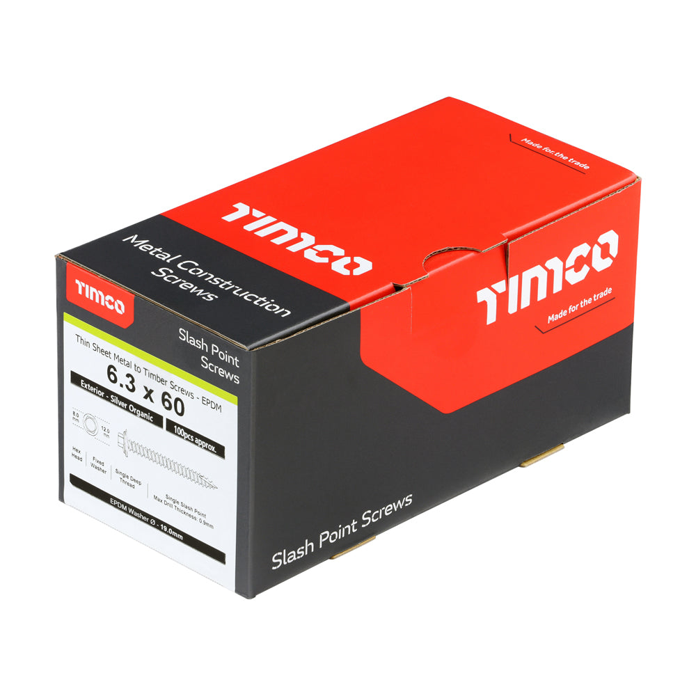This is an image of Timco - Metal Construction Thin Sheet Metal to Timber Screws - Hex - EPDM Washer - Slash Point - Exterior - Silver Organic 6.3 x 60mm - (100 PCS Box) DS60W19B