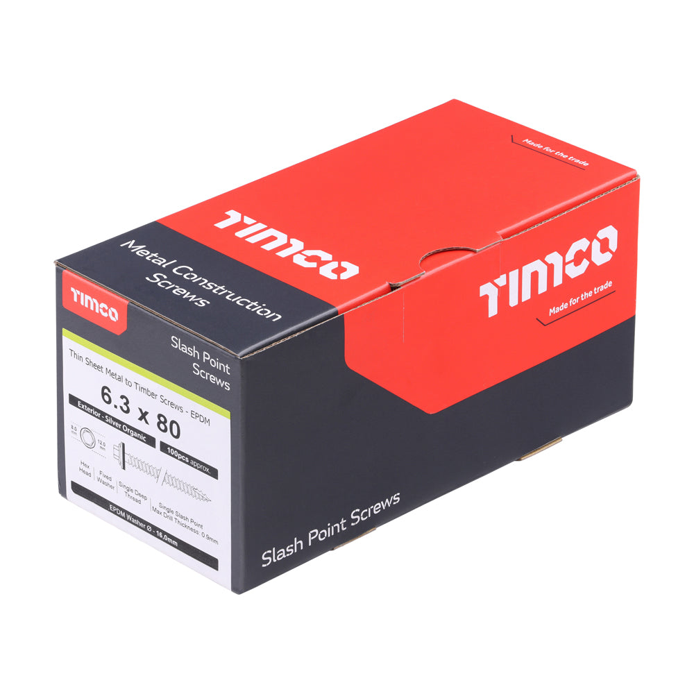 This is an image of Timco - Metal Construction Thin Sheet Metal to Timber Screws - Hex - EPDM Washer - Slash Point - Exterior - Silver Organic 6.3 x 80mm - (100 PCS Box) DS80W16B