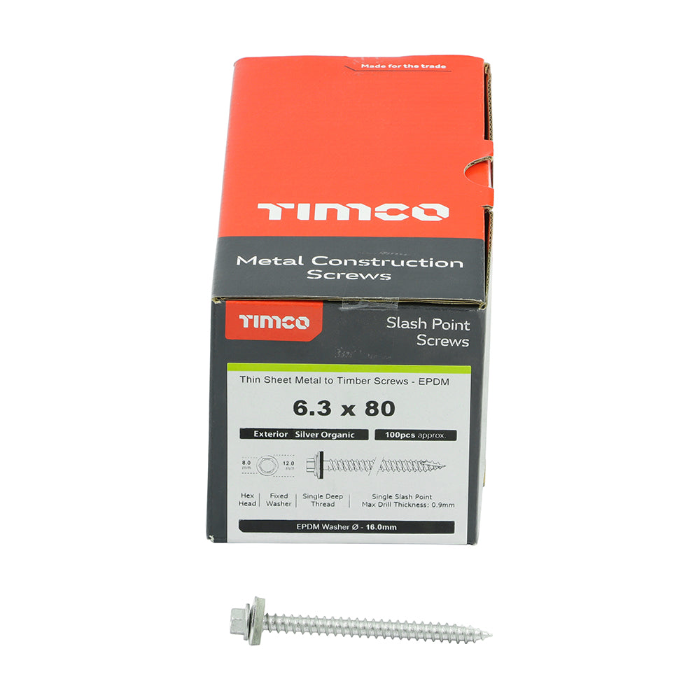 This is an image of Timco - Metal Construction Thin Sheet Metal to Timber Screws - Hex - EPDM Washer - Slash Point - Exterior - Silver Organic 6.3 x 80mm - (100 PCS Box) DS80W16B