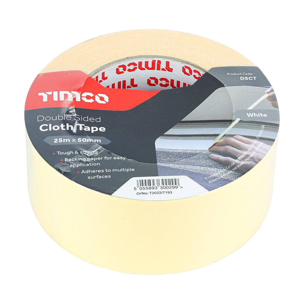This is an image of Timco - Double Sided Cloth Tape - White 25m x 50mm (1 Each Roll) PCSDSCT