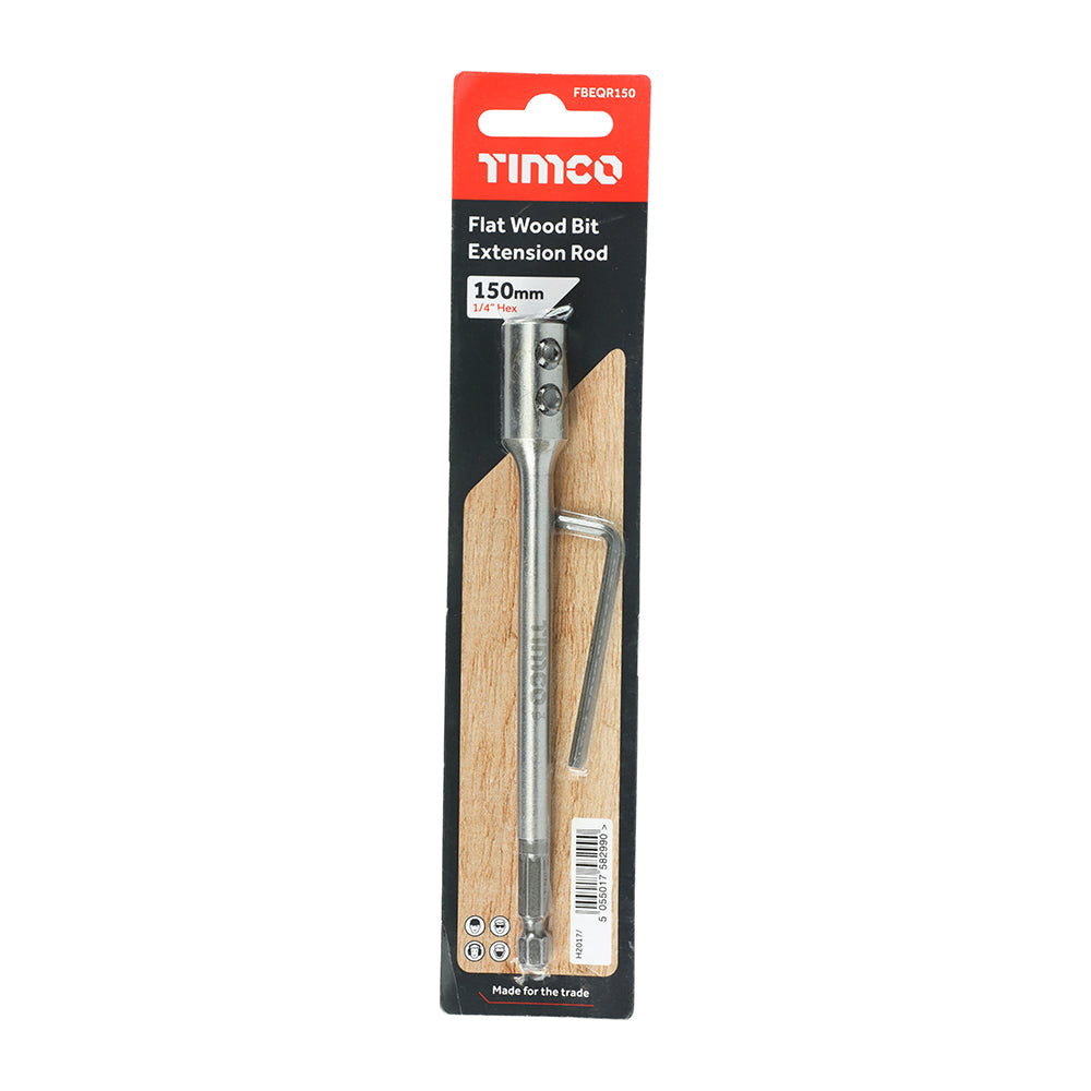 This is an image of Timco - 1/4" Flat Wood Bit Extension Rod 150mm (1 Each Blister Pack) FBEQR150