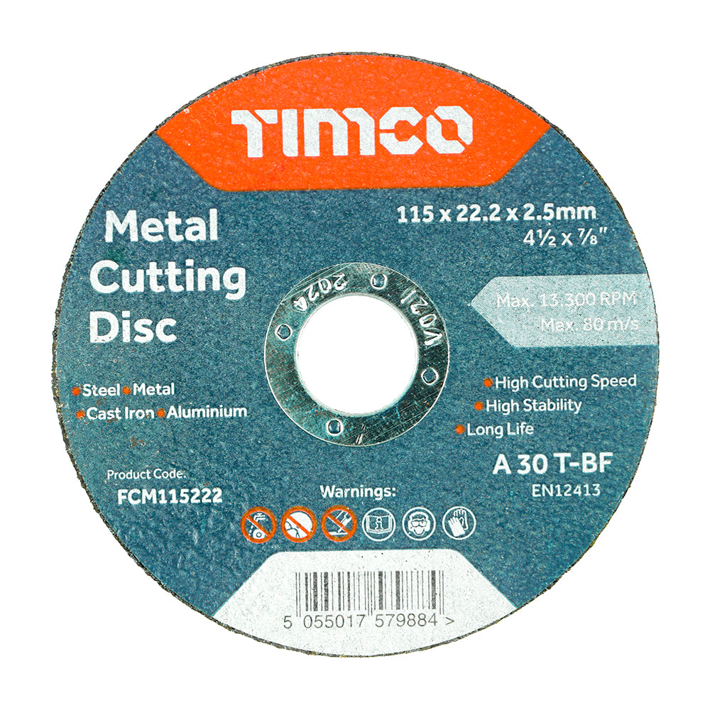 This is an image of Timco - Bonded Abrasive Disc - For Cutting 115 x 22.2 x 2.5 (50 Pieces Box) FCM115222