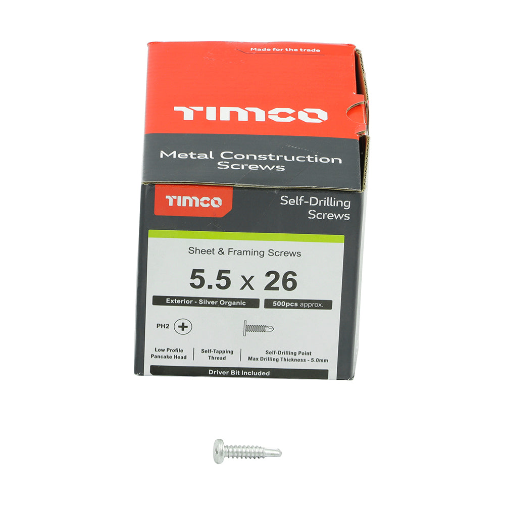 This is an image of Timco - Metal Construction Sheet & Framing Screws - PH - Low Profile Pancake - Exterior - Silver Organic 5.5 x 26mm - (500 PCS Box) FP26