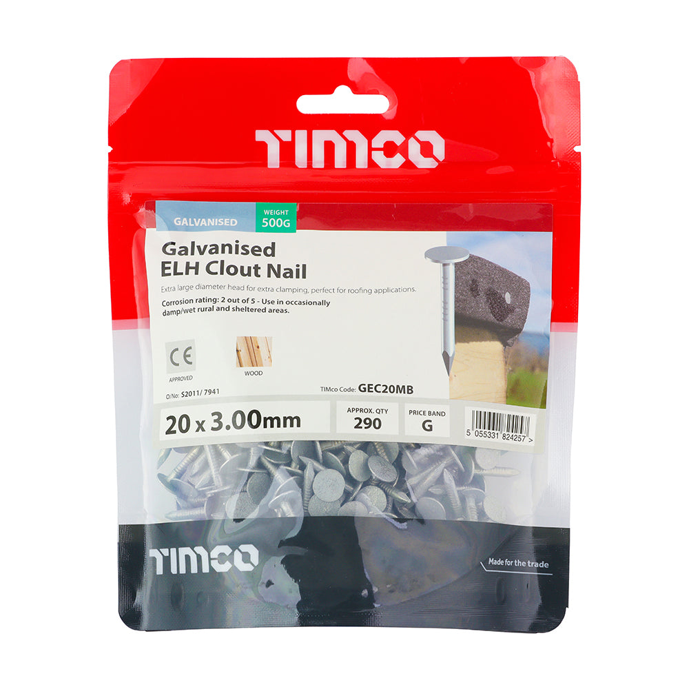 This is an image of Timco - Extra Large Head Clout Nails - Galvanised 20 x 3.00mm (0.5 Kg TIMbag) GEC20MB