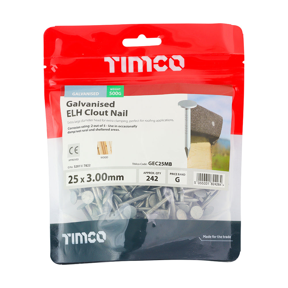 This is an image of Timco - Extra Large Head Clout Nails - Galvanised 25 x 3.00mm (0.5 Kg TIMbag) GEC25MB