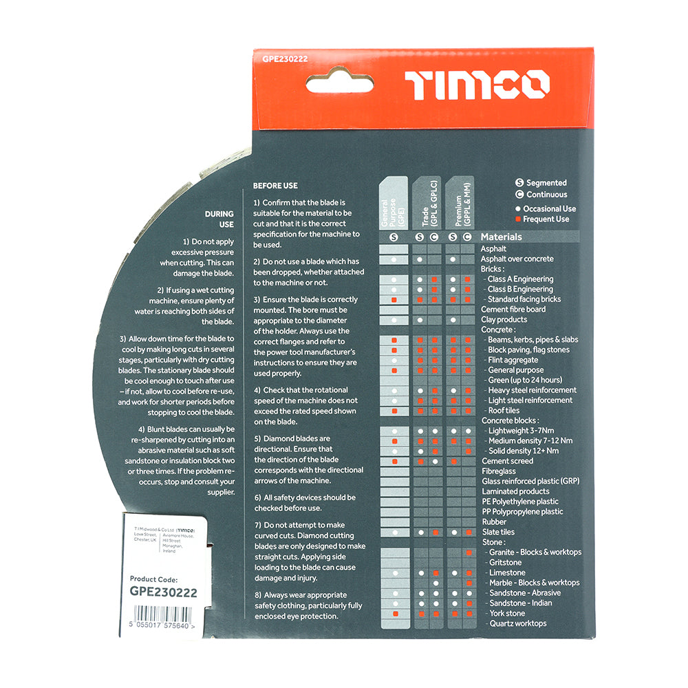 This is an image of Timco - General Purpose Diamond Blade - Segmented 230 x 22.2 (1 Each Box) GPE230222