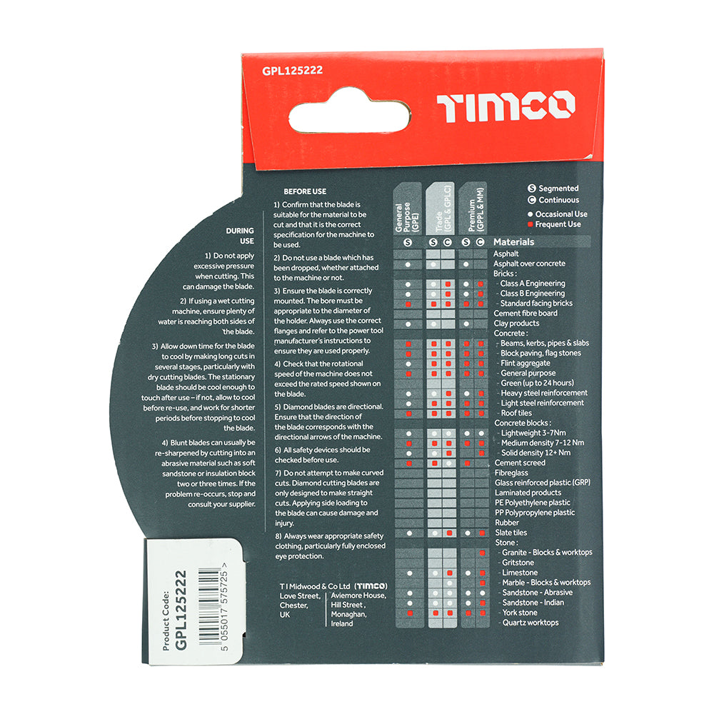 This is an image of Timco - Trade Diamond Blade - Segmented 125 x 22.2 (1 Each Box) GPL125222