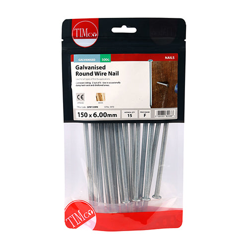 This is an image of Timco - Round Wire Nails - Galvanised 150 x 6.00mm (0.5 Kg TIMbag) GRW150MB