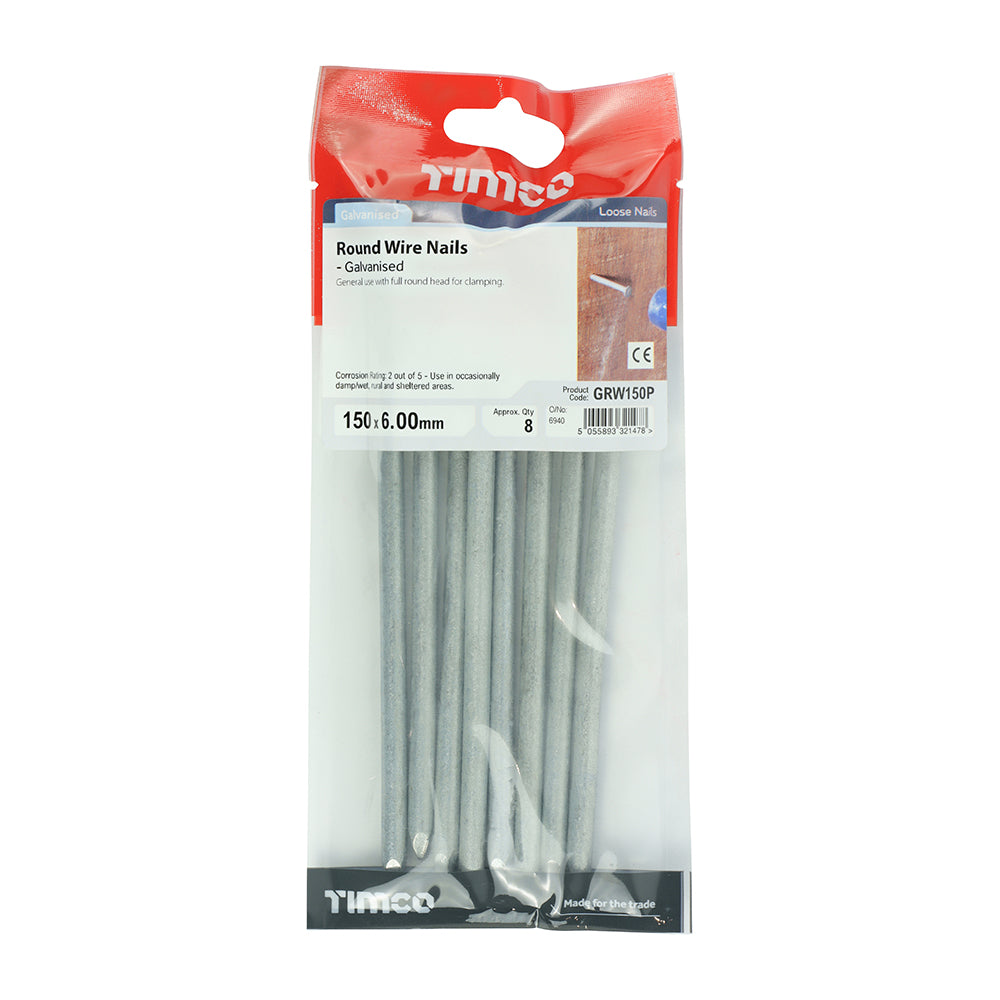 This is an image of Timco - Round Wire Nails - Galvanised 150 x 6.00mm (8 PCS TIMpac) GRW150P