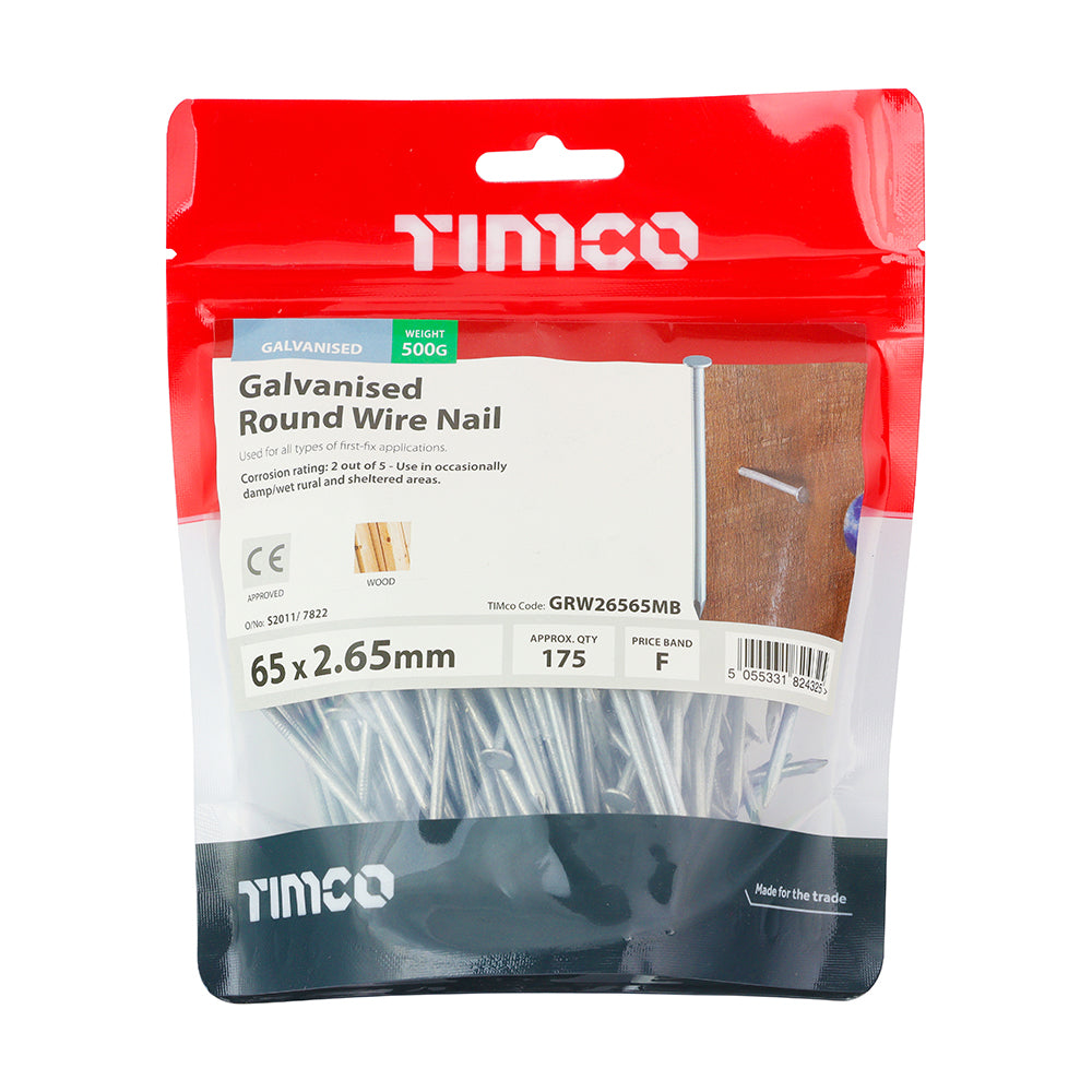 This is an image of Timco - Round Wire Nails - Galvanised 65 x 2.65mm (0.5 Kg TIMbag) GRW26565MB
