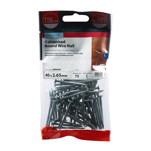 This is an image of Timco - Round Wire Nails - Galvanised 40 x 2.65mm (75 PCS TIMpac) GRW40P