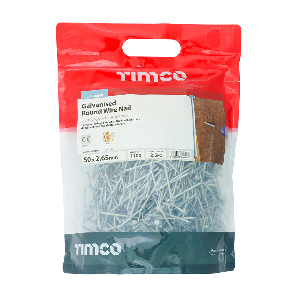 This is an image of Timco - Round Wire Nails - Galvanised 50 x 2.65mm (2.5 Kg TIMbag) GRW50LB