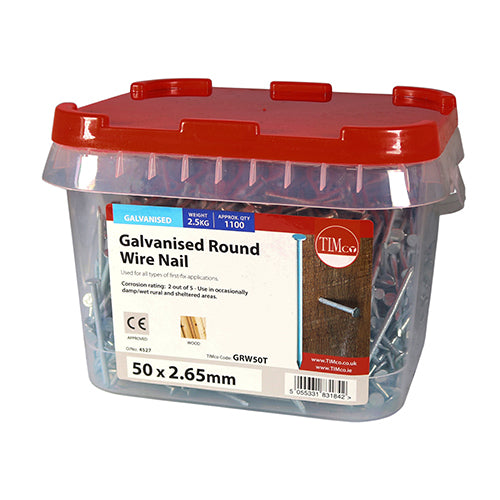 This is an image of Timco - Round Wire Nails - Galvanised 50 x 2.65mm (2.5 Kg TIMtub) GRW50T