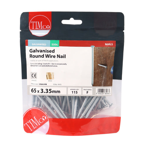 This is an image of Timco - Round Wire Nails - Galvanised 65 x 3.35mm (0.5 Kg TIMbag) GRW65MB