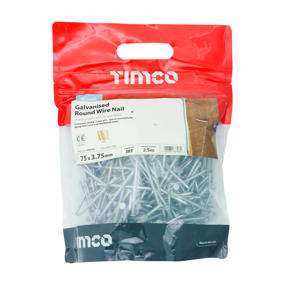 This is an image of Timco - Round Wire Nails - Galvanised 75 x 3.75mm (2.5 Kg TIMbag) GRW75LB